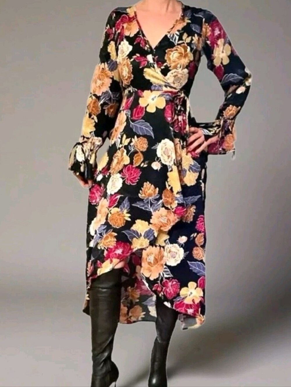 Band Of The Free Floral Wrap Midi Dress in Black Berry